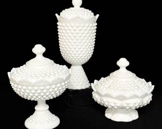 Trio Fenton Milk Glass Covered Hobnail Dishes or Jars