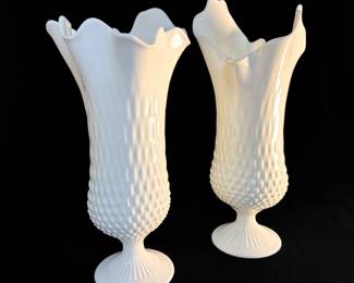 Pair Fenton Milk Glass Hobnail Handkerchief Vases