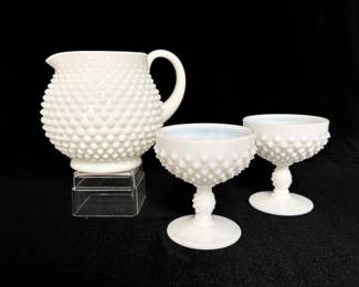 Fenton Hobnail Opalescent Ring of Fire Milk Glass Pitcher + Goblets