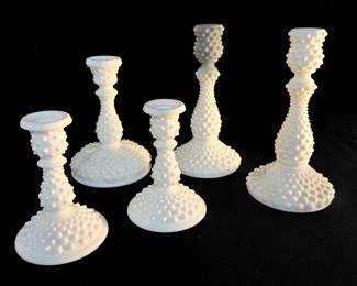7 Assorted Fenton Milk Glass Hobnail Candlesticks