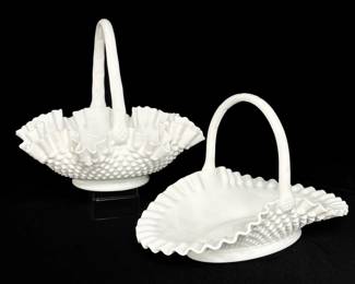 Pair Fenton Hobnail Milk Glass Ruffled Baskets