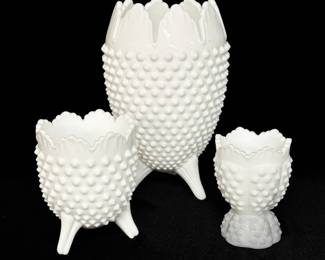 Trio Fenton Hobnail Milk Glass Footed Vases