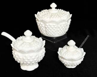 Trio of Fenton Hobnail Milk Glass Tableware including Jam Jars