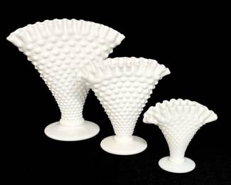Trio Fenton Milk Glass Hobnail Fan Vases