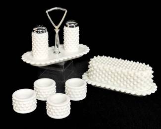 Assorted Fenton Hobnail Milk Glass Tableware including S+P set, Butter Dish, and Napkin Rings