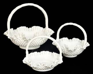 Trio of Fenton Milk Glass Hobnail Baskets