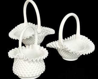 Trio of Fenton Hobnail Milk Glass Baskets