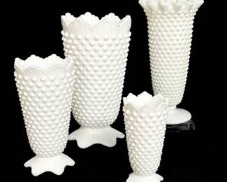Four Fenton Milk Glass Hobnail Vases