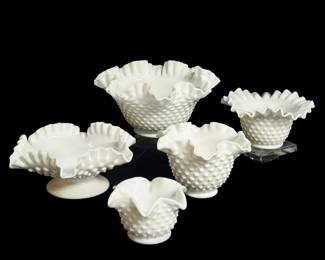 Fenton Hobnail Milk Glass Ruffled Bowls 