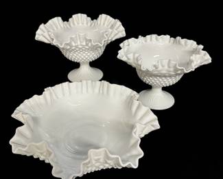 Fenton Ruffled Hobnail Milk Glass Compotes and Bowl