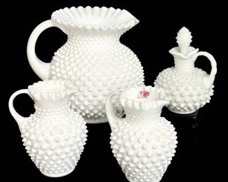 Fenton Milk Glass Hobnail Pitchers + Cruet