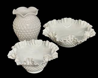 Fenton Milk Glass Hobnail Ruffled Bowls and Vase