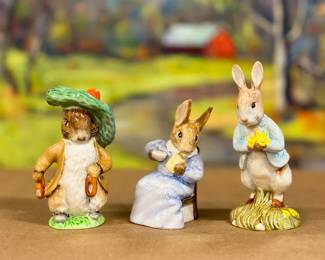 Beswick + Royal Albert Beatrix Potter Figurines: Cottontail #2878, Peter with Daffodils #3597A, and Benjamin Bunny #1105.