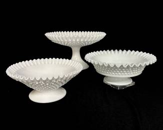 Trio of Fenton Hobnail Milk Glass Footed Bowls with Crimped Edge