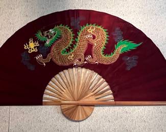 Huge wooden fan decor with painted dragon