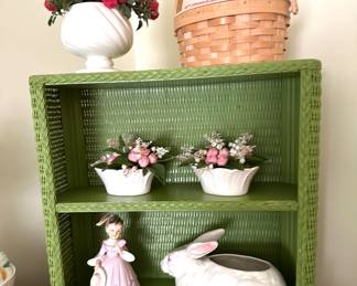vintage green wicker shelf, vintage pottery