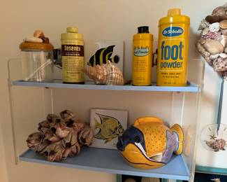 vintage tins, shells, fish