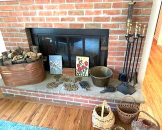 Copper Pail, Brass items, Fireplace tool set