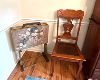 vintage stack tables, antique oak chair