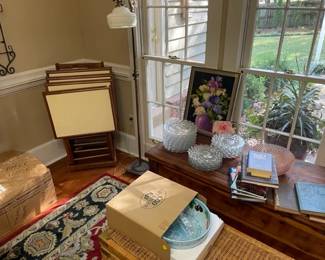 TV Tables, glassware, serving pieces, books, framed art