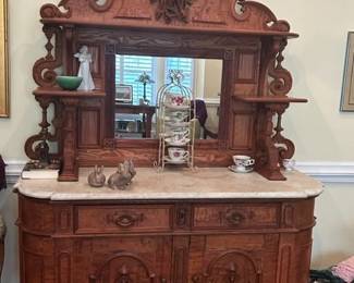 Hand Carved Buffer with marble top.  3 pieces, on rollers.  Completely restored.  Over 100 years old.