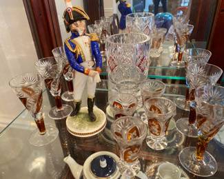 Antique Etched Colored Crystal Cordial Stemware 