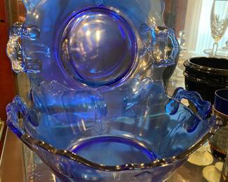 Vintage Cobalt Blue Mt Pleasant Scalloped Two Handled Cake Plate and Serving Bowl  