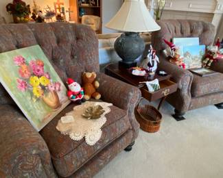 Matching pair of overstuffed Chairs made in Texas by Mayo
