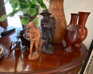 Hand Carved Wooden Figurines, Pioneer Man, Road Runners, Wooden Vases