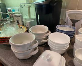 White French Onion Soup Bowls, Crate&Barrel, made in Portugal, White Custard Dishes by Cordon Blue, and Sur la Table