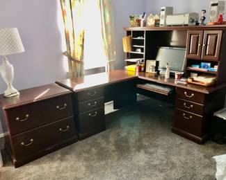 PRESALE: L Shaped Dark Wood Desk with Hutch & File Cabinet. All for $350. 
