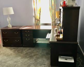 PRESALE: L Shaped Dark Wood Desk with Hutch & File Cabinet. All for $350. 