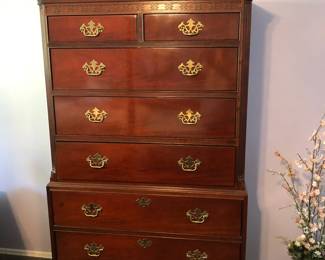 SOLD AS PRESALE: BAKER CHIPPENDALE Mahogany HIGHBOY, LONG DRESSER, MIRROR (Damaged), NIGHTSTAND 

