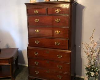 SOLD AS PRESALE: BAKER CHIPPENDALE Mahogany HIGHBOY, LONG DRESSER, MIRROR (Damaged), NIGHTSTAND 
