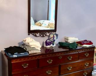 SOLD AS PRESALE: BAKER CHIPPENDALE Mahogany HIGHBOY, LONG DRESSER, MIRROR (Damaged), NIGHTSTAND 

