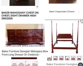 SOLD AS PRESALE: BAKER CHIPPENDALE Mahogany HIGHBOY, LONG DRESSER, MIRROR (Damaged), NIGHTSTAND 

