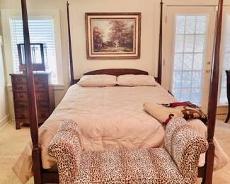 Councill queen 4 post bed, custom upholstered antique slipper bench