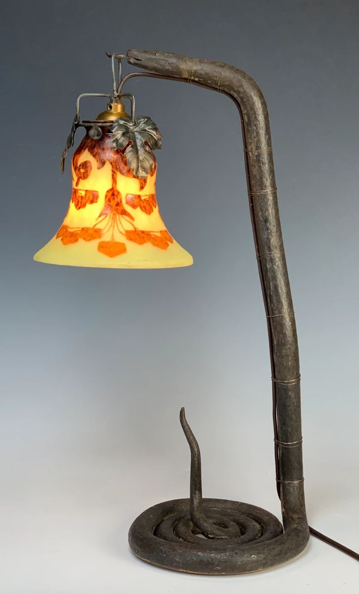 Cast Iron Snake Lamp w Leverre Francais Shade