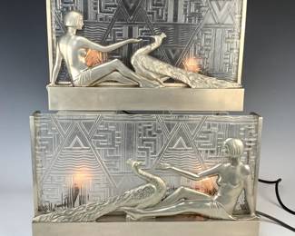 Rare Pair Art Deco Sconces Nude Lady w Peacock