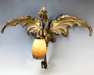 Late 19thC Winged Dragon Bronze w Muller Shade