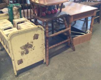 vintage metal baby doll bed $50; spindle leg high chair $50.; end table $35.