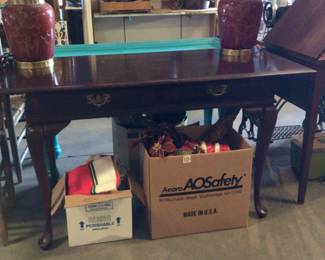 2 drawer writing desk $80.; pair of ginger jar lamps $55.