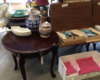 Round side table $30.; American Girl trundle bed $60.