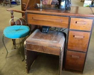 Vanity stool $20; Singer sewing machine with cabinet and stool $150.