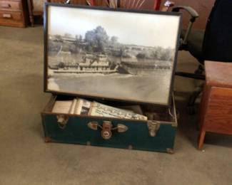 Footlocker with vintage barge photo & navigational charts $50