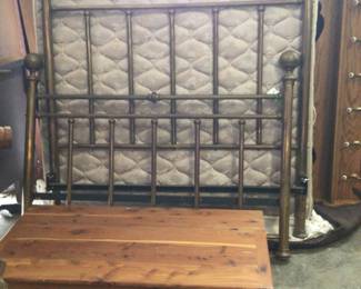 Queen size mattress set $75; full size brass bed $150.; cedar under bed storage chest $60