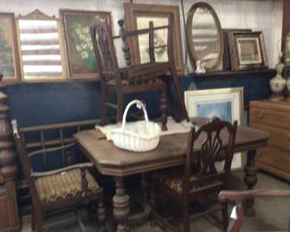antique table with 4 chairs, 1 leaf $250.