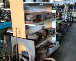 Lots of cast iron; commercial display shelf on rollers with extra shelves & brackets $150