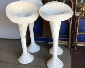 Vintage wicker free standing trumpet style flower baskets, 4 available. $65. Each