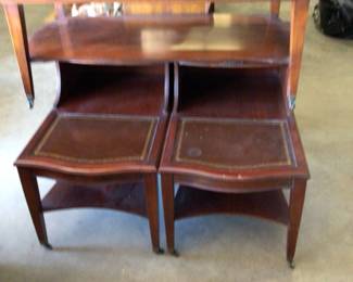 Vintage MCM coffee table with pair of matching 2 tier end tables with leather inserts. $125.